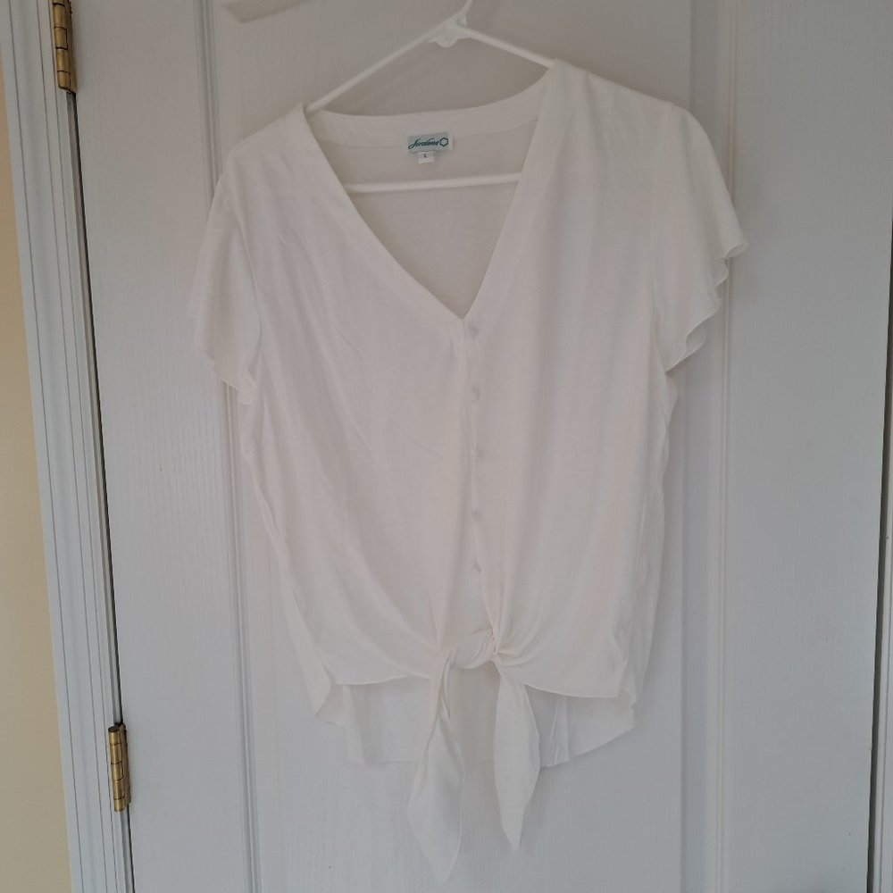 White tie front short sleeve flare sleeve top, large